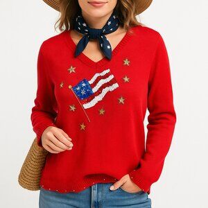 Quacker Factory Womens M Red Sweater Sequin American Flag Patriotic 4th of July